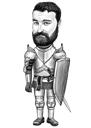 Caricatura de cavaleiro em estilo preto e branco