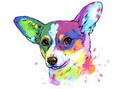 Hand Drawn Corgi Portrait Cartoon from Photo in Rainbow Style with Colored Background