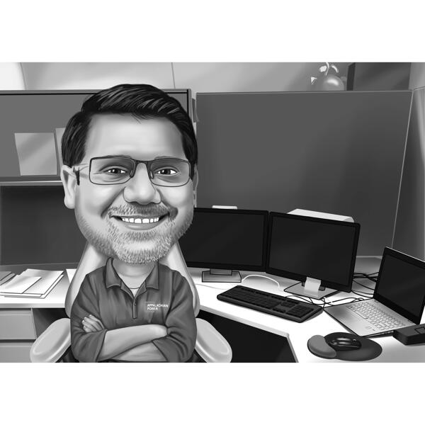 Caricatura di computer outsider in stile bianco e nero per regalo trader esperto programmatore personalizzato