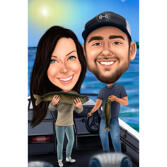 Couple Fishing Caricature Gift from Photo with Custom Background