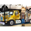 Käsin piirretty kuorma -autonkuljettaja sarjakuva valokuvista mukautetulla taustalla