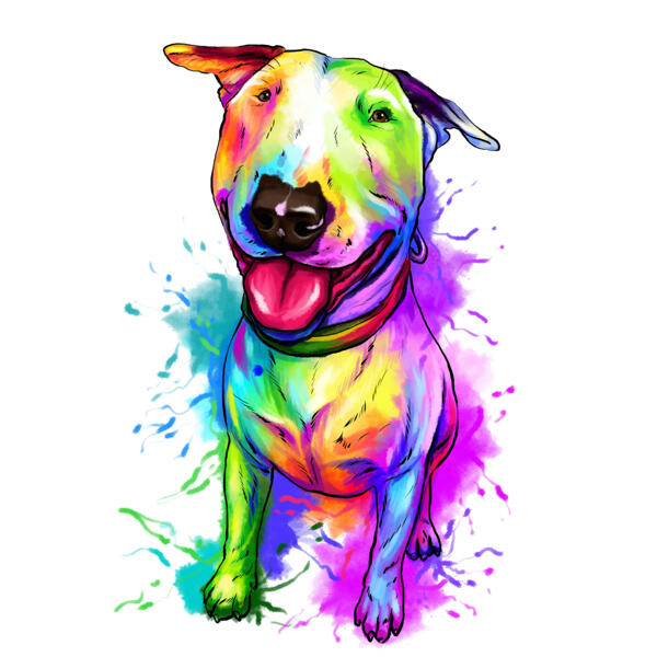 Spēcīgs bulterjera suņa karikatūras portrets pilna ķermeņa akvareļa stilā no fotoattēliem