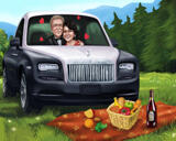 Пара в машине Мультяшная карикатура в цветном цифровом стиле с индивидуальным фоном из фотографий