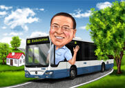 Bus Driver Cartoon Portrait Gift with Road Background from Photos