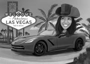 Osoba v karikatuře automobilu v černé a bílé stylu s pozadím Las Vegas