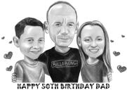 Father with Kids Caricature in Black and White Style