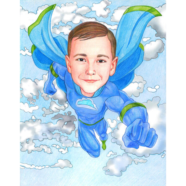 Retrato de criança super-herói personalizado de fotos com fundo do céu