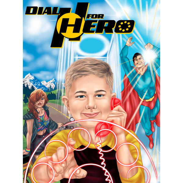 Caricatura di Super Hero Kid da foto con sfondo personalizzato