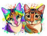 Цветной акварельный портрет двух кошек в радужном стиле по фотографиям