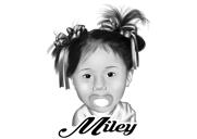 Babypige karikaturportræt fra foto i sort-hvid tegnestil