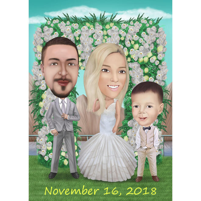 Wedding Couple with Kid Drawing - Arch Background