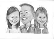 Caricatura in stile bianco e nero del padre con le figlie dalle foto