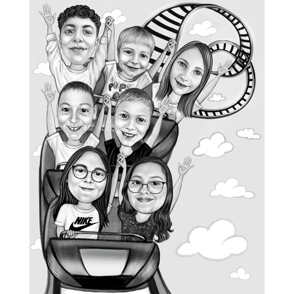 Group Rollercoaster Black and White Drawing