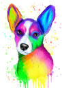 Handgezeichneter Corgi-Porträt-Cartoon vom Foto im Regenbogenstil mit farbigem Hintergrund