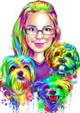 Besitzer mit Hunde-Karikatur-Porträt im Regenbogen-Aquarell-Stil von Fotos