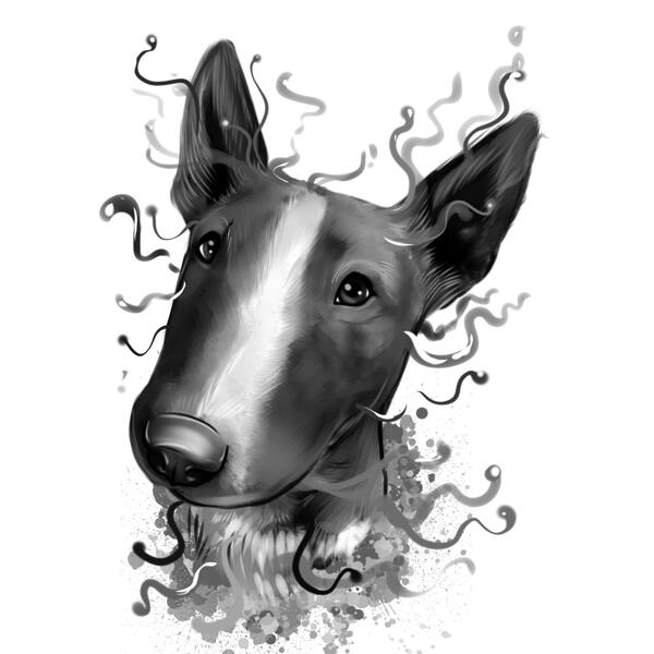 Schiță portret Bull Terrier miniatura din grafit acuarelă din fotografii