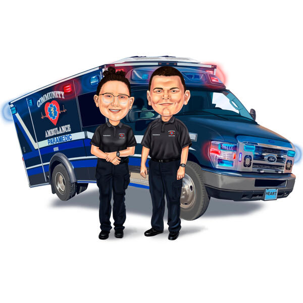 Regalo personalizado de caricatura de colegas paramédicos con ambulancia en el fondo