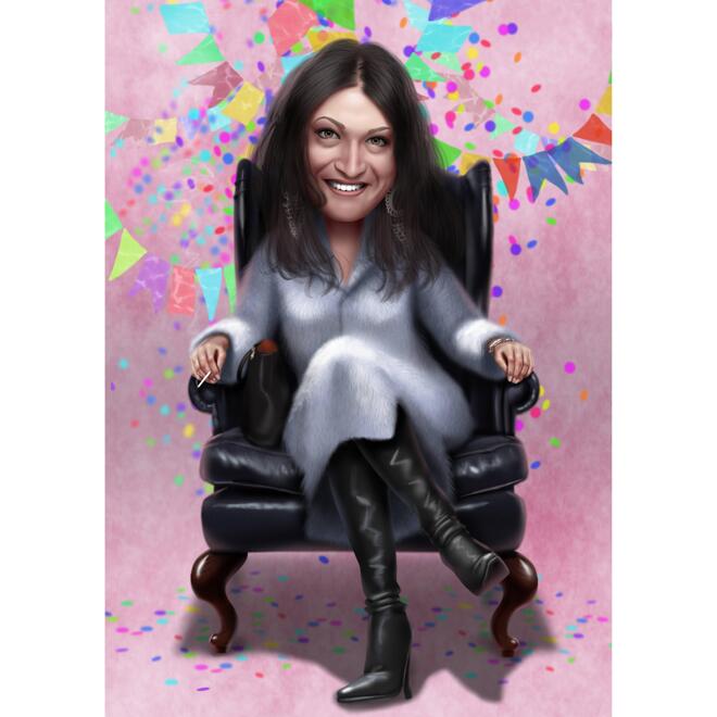 Regalo de caricatura de dama sentada en silla de fotos para el día de la mujer
