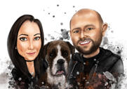 Portrait à l'aquarelle d'un couple avec des animaux de compagnie