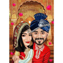 Indisk Bollywood-par med hoved og skuldre tegner karikatur fra fotos med brugerdefineret baggrund