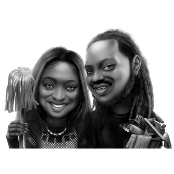 Exaggerated Couple Cleaning Caricature in Monochrome Style Drawn from Photos