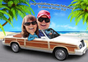 Couple dans la caricature de dessin animé de voiture dans un style numérique couleur avec un arrière-plan personnalisé à partir de photos