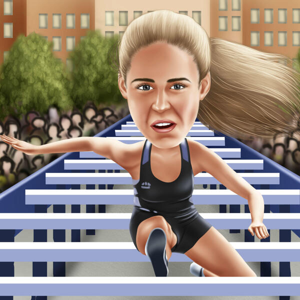 Карикатура на бег с барьерами из фотографий с цветным фоном