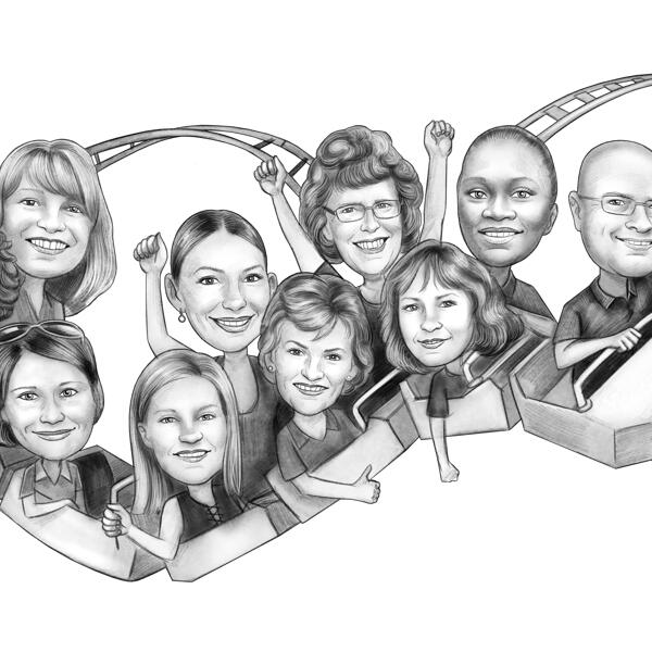 Rollercoaster with Coworkers Staff Caricature Drawing