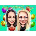 Due persone buon compleanno alta caricatura disegno regalo in stile colore dalle foto