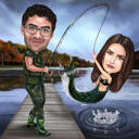 Индивидуальная карикатура пары на рыбалке в забавном преувеличенном стиле, нарисованная по фотографиям