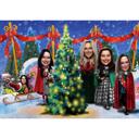 Fotoğraflardan Renkli Stilde Noel Ağacı Karikatür Dijital Kartları ile Kurumsal Personel Grubu