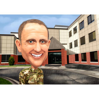 Army Officer Cartoon Portrait in Head and Shoulders Colored Style on Custom Background