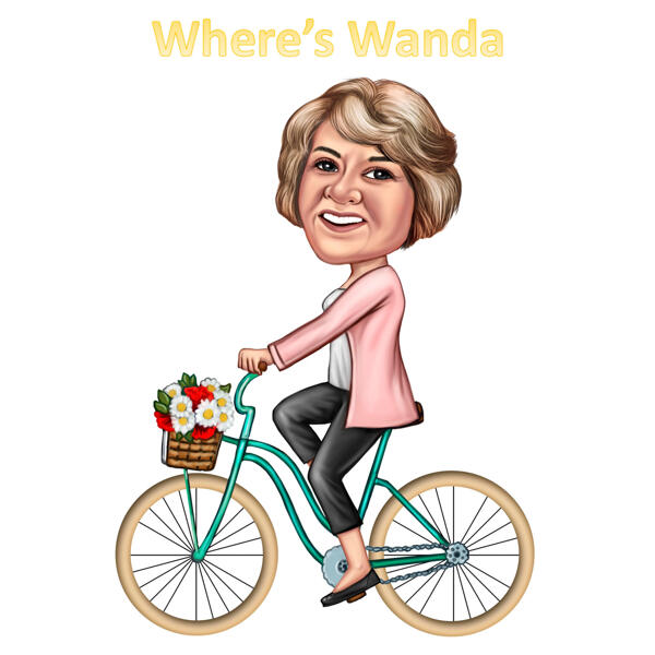 Kvinde på cykelfarvet karikatur fra fotos