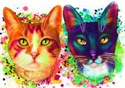 Ritratto di caricatura di coppia di gatti in stile acquerello con sfondo a un colore