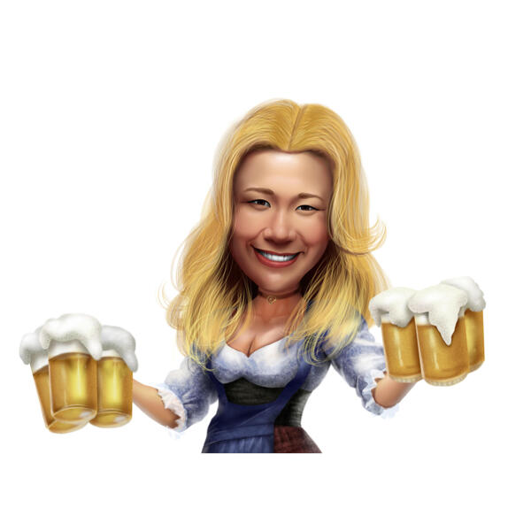 Caricatura di persona personalizzata che trasporta boccali di birra in stile a colori dalle foto