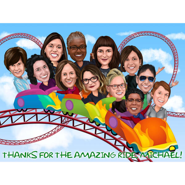 Riding Roller Coaster Group Caricature