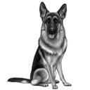 Ganzkörper-Deutscher Schäferhund Cartoon-Karikatur-Porträt im Schwarz-Weiß-Stil vom Foto