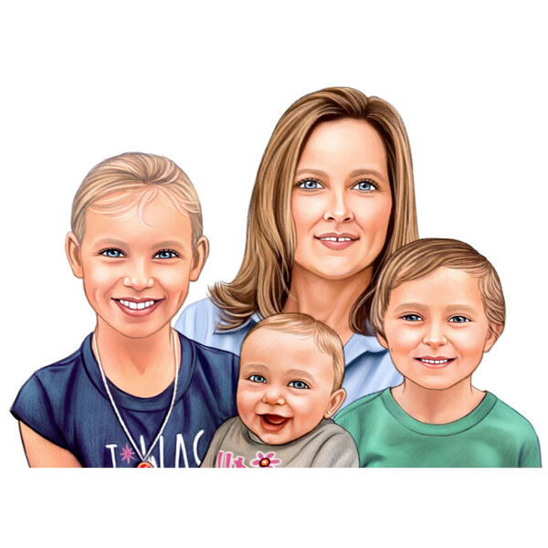 Mamma med tre barn porträtt