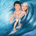 Couple on Surfboard Caricature