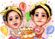 Børnefødselsdagskarikaturgave i farvestil fra Fotos