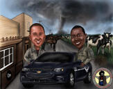 Two Persons in Car Caricature with Custom Background