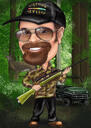 Full Body, Colored Hunting Caricature Gift: Holding Gun