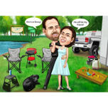 Custom Couple with Pet Camping Caricature in Colored Style