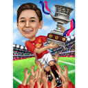 Karikatura fotbalového hráče s trofejí ručně kreslenou v barevném stylu z fotografií