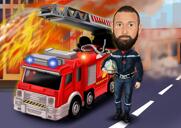Fireman Caricature with Fire in Background