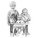 Детский групповой рисунок в полный рост в черно-белом цвете