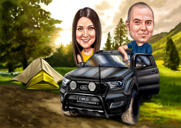 Caricatura de casal em caricatura de carro em estilo digital colorido com fundo personalizado de fotos