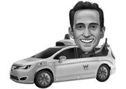 Man in Car Caricature - Black and White Style