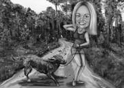 Ejer med kæledyrs tegneserieportræt i sort og hvid stil med brugerdefineret baggrund