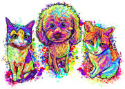 Caricatura de animais de estimação mistos de corpo inteiro em estilo aquarela arco-íris